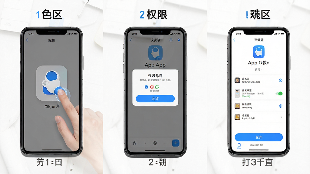 一张展示「色区」App在手机上安装和权限设置的流程示意图,画面分为三个步骤,第一步是下载安装包点击安装,第二步是权限弹窗点击允许,第三步是打开App主界面,每一步都有手机屏幕截图和简短文字标注,风格简洁明快,白底搭配蓝色高亮按钮,画质干净无多余元素