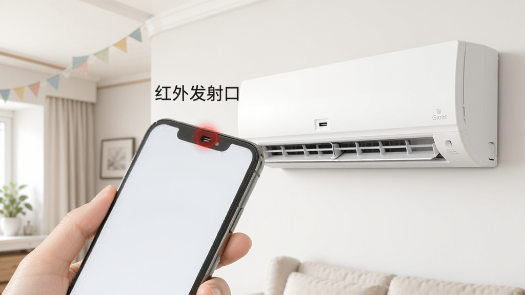 手机顶部红外发射口对准空调接收窗的示意图,画面中一只手拿着手机,手机顶部有一个红色小圆圈标注“红外发射口”,前方是空调的接收面板,背景是家居环境,画质清晰干净无多余元素