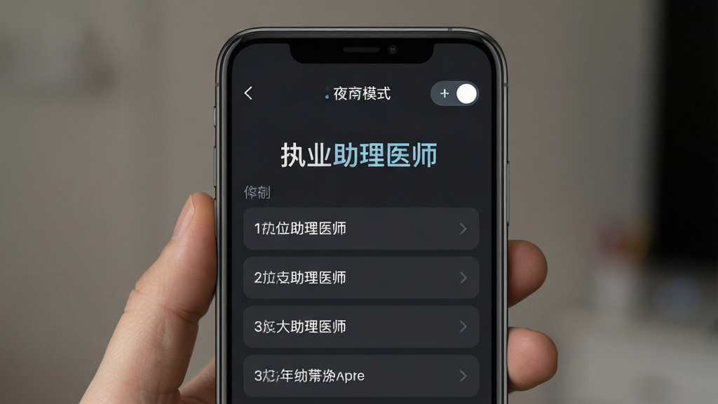 �ֻ���Ļչʾ��ִҵ����ҽʦ��APP��ҹ��ģʽ���棬���������ɫ�������ǰ�ɫ��ǳ��ɫ����Ŀ��ѡ�������ɼ���������ҹ��ģʽ�л���ť�������������ʣ����ʸɾ��޶���Ԫ��