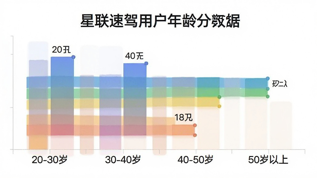 画面主体是一个横向柱状图,展示星联速驾用户年龄分布数据,柱状图分为四组,分别标注“20-30岁”“30-40岁”“40-50岁”“50岁以上”,对应柱子高度不同,布局采用简洁的图表排版,风格是扁平化信息图风格,细节包括柱子的渐变色、数字标注在柱子顶部、标题文字清晰,画质干净,无多余装饰