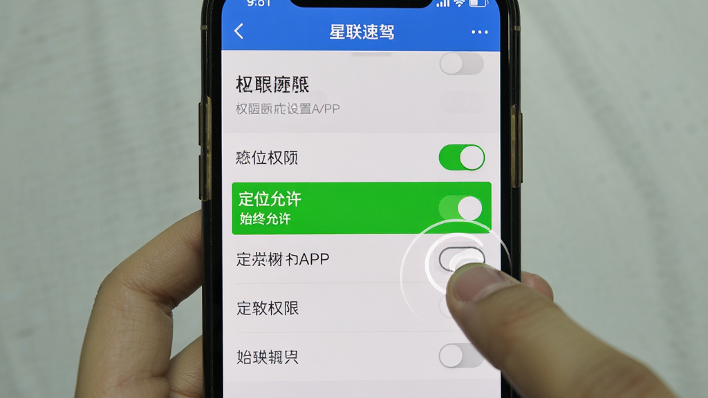 主体是一个手机屏幕显示星联速驾APP的权限设置页面,页面中定位权限被高亮标注为“始终允许”,布局采用竖屏正面展示,风格是清晰的教程截图风格,细节包括手指点击屏幕的示意、权限开关的绿色高亮状态、其他权限选项的灰色未开启状态,画质干净,无多余元素