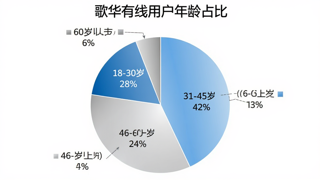 歌华有线用户年龄分布饼状图,图表标题为歌华有线用户年龄占比,饼图分为四个扇区,分别标注18-30岁28%、31-45岁42%、46-60岁24%、60岁以上6%,配色采用蓝白灰渐变系,风格简洁商务,数据标签清晰,背景干净无多余元素