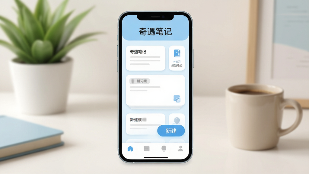 奇遇笔记App主界面全貌展示,手机屏幕居中放置,界面以浅蓝和白色为主色调,顶部显示“奇遇笔记”四个字,中间是笔记列表卡片和新建按钮,底部导航栏简洁清晰,背景是柔和的书桌场景,有绿植和咖啡杯点缀,扁平化设计风格,细节圆润,画质干净清晰,无多余元素