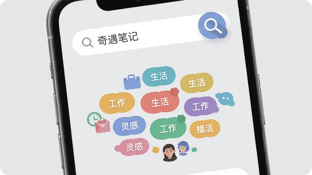 奇遇笔记搜索与标签界面,手机屏幕显示搜索框和彩色标签云,标签包括“工作”“生活”“灵感”等,背景为浅灰色,有放大镜图标点缀,扁平化设计,细节圆润,画质干净,无多余元素