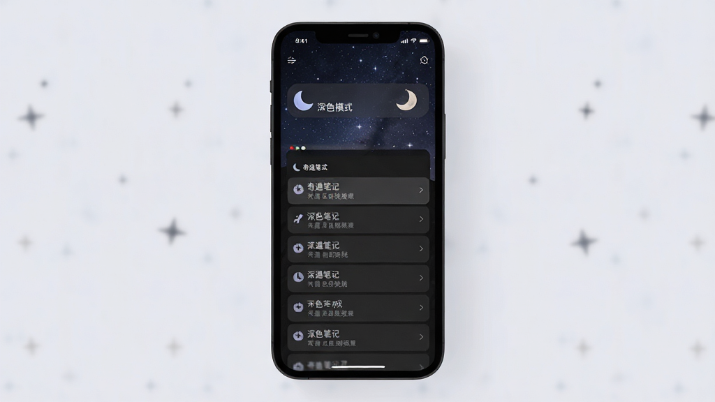 奇遇笔记深色模式界面,手机屏幕显示暗色背景下的笔记列表,文字清晰柔和,旁边有月亮图标和“深色模式”字样,背景为夜晚星空,风格静谧,细节简洁,画质干净,无多余元素