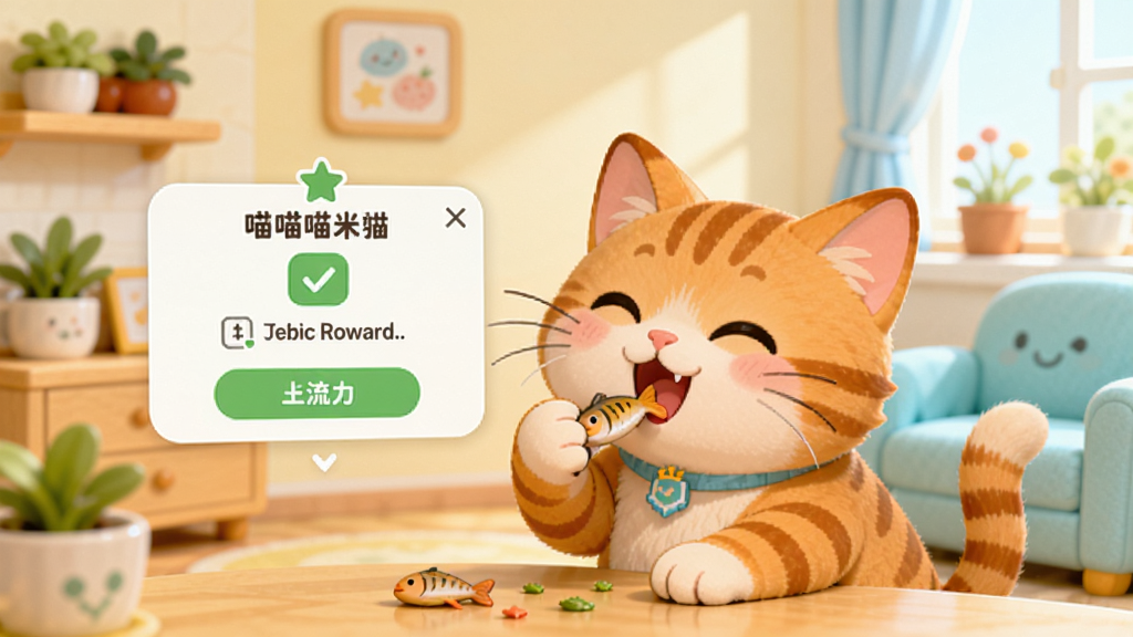 喵喵专注番茄钟与宠物互动界面,画面中一只橘猫正在开心地吃小鱼干,旁边悬浮着专注完成的奖励弹窗,背景是清新明亮的卡通风格房间,细节丰富,画质清晰,无多余元素