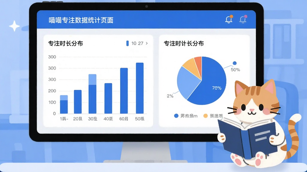 喵喵专注数据统计页面,以柱状图和饼图展示专注时长分布,界面以蓝色和白色为主色调,图表清晰,旁边有一只小猫在看书,风格现代扁平,画质干净,无多余元素
