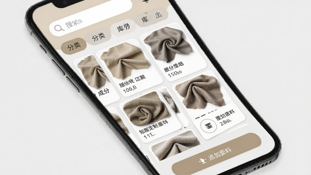 知服定制面料库管理界面,手机屏幕展示面料选择页面,上方有搜索框和分类标签,中间是面料缩略图网格排列,每张图下方标注成分和库存数量,底部有添加面料按钮,米色和浅灰色为主色调,卡片式布局,风格简约实用,画质干净