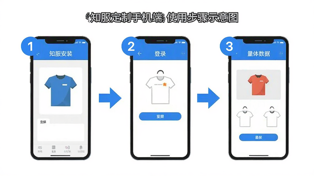 知服定制手机端使用步骤示意图,画面展示手机屏幕从安装到登录再到录入量体数据的三个步骤,每个步骤用数字标注,界面简洁清晰,蓝色箭头引导操作流程,风格扁平化教程图,画质干净无多余装饰