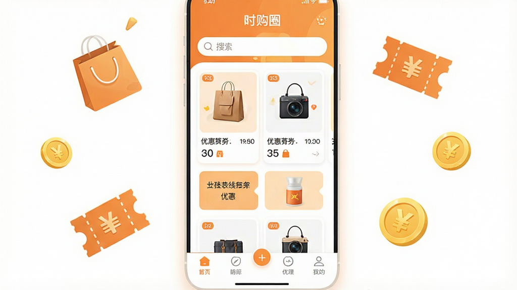 һ�Ÿɾ��������ֻ�Ӧ�ý���չʾͼ�����������ǡ�ʱ��Ȧ��App����ҳ��ͼ��������ů��ɫ�Ͱ�ɫΪ��ɫ�����������������м�����Ʒ��Ƭ���Ż�ȯ��ǩ���ײ���������������Χ�����Ź�������Ż�ȯ����ҵ�Сͼ�꣬���������ɻ��ã������������޶���Ԫ��