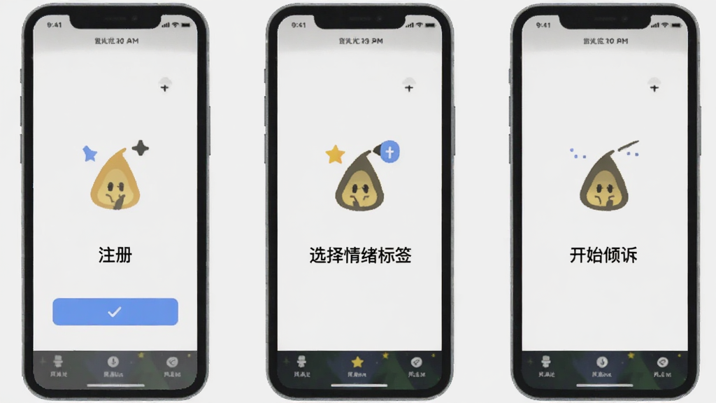 萤火倾诉新手操作流程图,手机屏幕从左到右展示注册、选择情绪标签、开始倾诉三个步骤,每一步都有简洁的图标和文字说明,背景是浅灰色,风格扁平化,画质清晰干净无多余元素