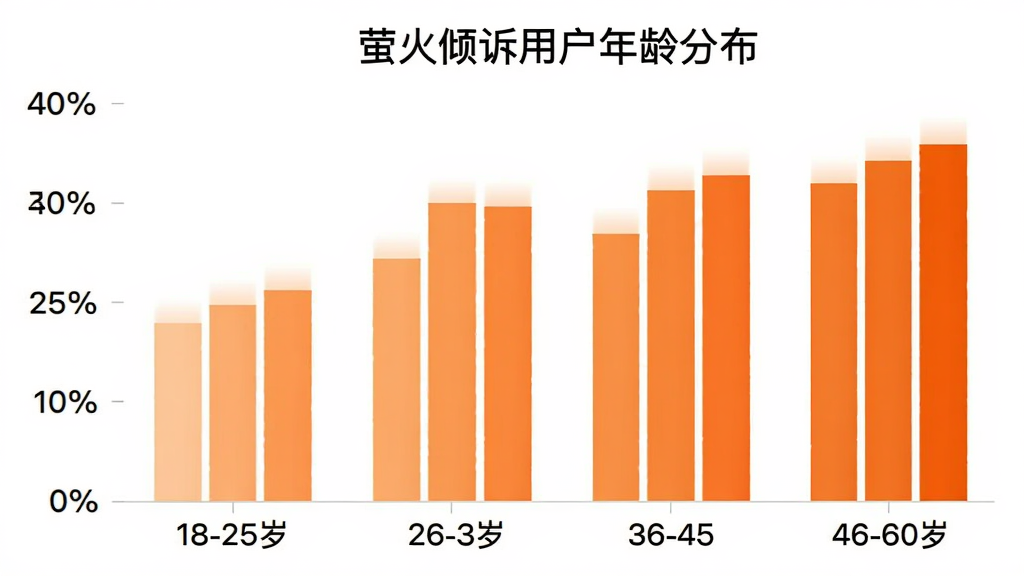 萤火倾诉用户年龄分布柱状图,横轴为18-25岁、26-35岁、36-45岁、46-60岁四个年龄段,纵轴为用户占比百分比,柱状图颜色从浅橙到深橙渐变,图表标题为「萤火倾诉用户年龄分布」,背景白色,风格简洁清晰,画质干净无多余元素