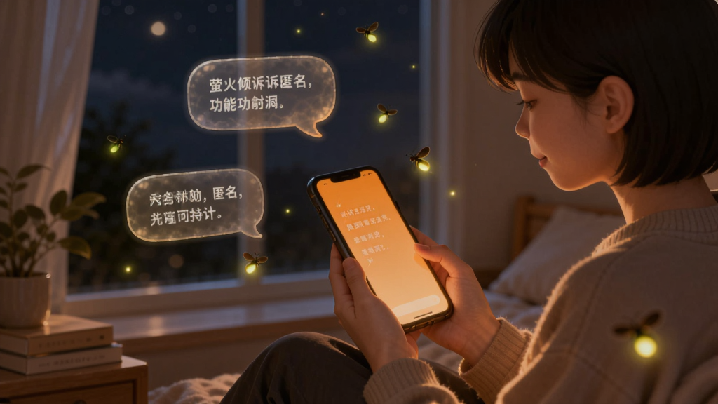 萤火倾诉匿名树洞功能展示,画面中一个人坐在窗边对着手机说话,手机屏幕发出温暖的橙色光芒,周围漂浮着半透明的对话气泡和萤火虫光点,背景是安静的夜晚房间,风格温暖治愈,画质干净无多余元素