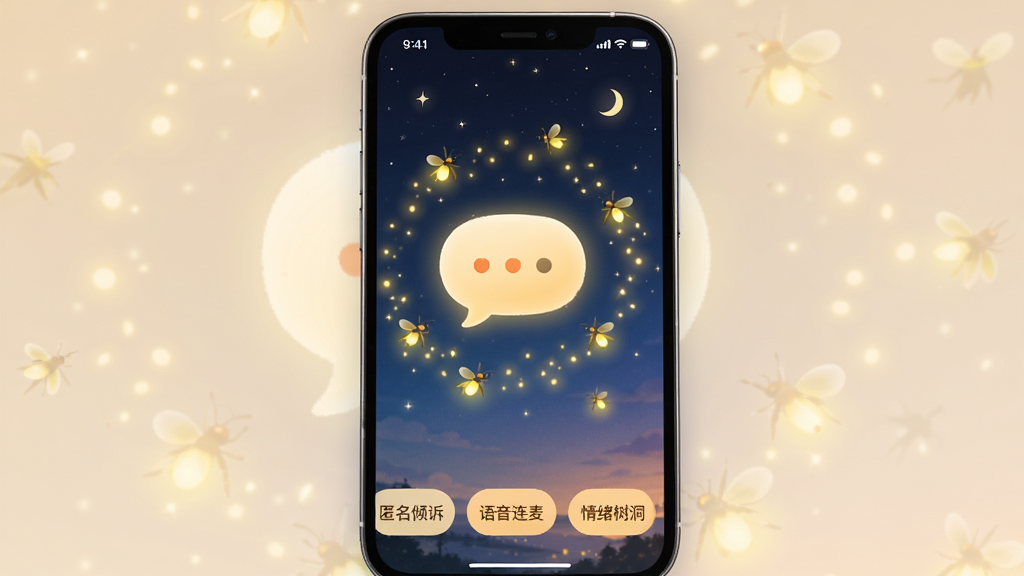 萤火倾诉App主界面展示,手机屏幕中央显示温暖的萤火虫光点围绕着一个对话气泡,背景是深蓝色夜空渐变,底部有「匿名倾诉」「语音连麦」「情绪树洞」三个功能按钮,整体风格温暖治愈,UI设计简洁干净,画质高清无多余元素