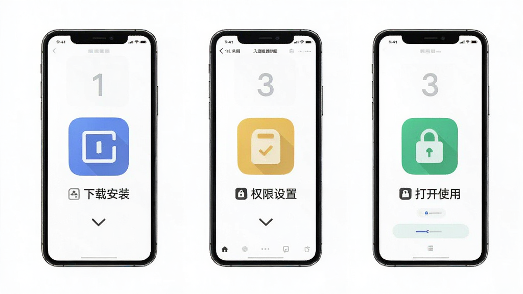入魂极速版 安装使用步骤示意图 手机屏幕展示 下载安装 权限设置 打开使用 三个简单步骤 图标清晰 画质干净无多余元素