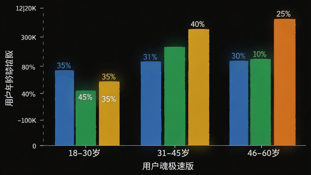 入魂极速版 用户年龄分布柱状图 横轴为年龄段 纵轴为占比 显示 18-30岁 35% 31-45岁 40% 46-60岁 25% 柱状图颜色清晰 画质干净无多余元素