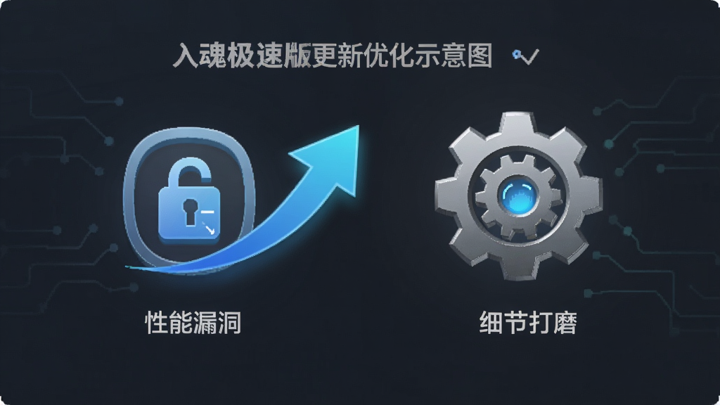 入魂极速版 更新优化示意图 展示 修复漏洞图标 性能提升箭头 细节打磨齿轮 简洁科技感 画质干净无多余元素