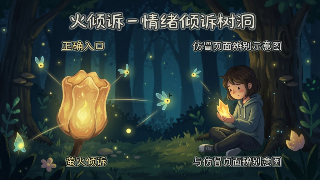 萤火倾诉-情绪倾诉树洞正确入口与仿冒页面辨别示意图