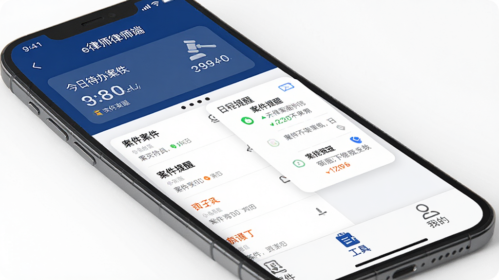 一部智能手机屏幕亮起,显示“e律师律师端”应用主界面,界面布局为顶部是今日待办案件数量卡片,中间是案件列表和日程提醒模块,底部有案件、工具、我的三个选项卡,整体采用深蓝色与白色搭配,风格简洁商务,图标线条清晰,画质干净,无多余元素