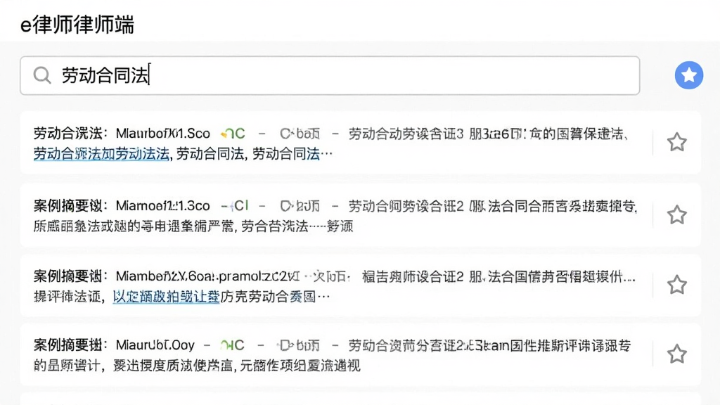 “e律师律师端”的法规检索界面截图,顶部搜索框输入了“劳动合同法”,下方列表展示相关法条和案例摘要,每条结果右侧有收藏图标,界面背景为白色,文字清晰,排版整齐,风格商务简洁,画质干净,无多余元素