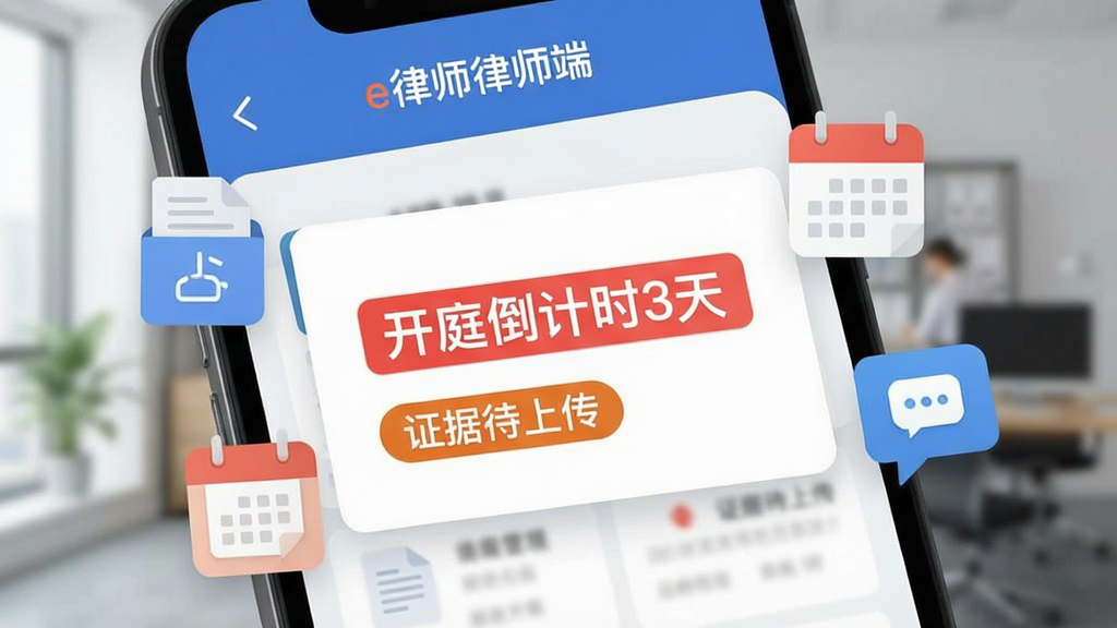 手机屏幕特写,展示“e律师律师端”的案件管理界面,画面中央是一个案件详情卡片,标注着“开庭倒计时3天”和“证据待上传”标签,周围环绕着文档图标、日历图标和消息气泡,背景为模糊的办公室场景,风格现代扁平,画质清晰,无多余元素