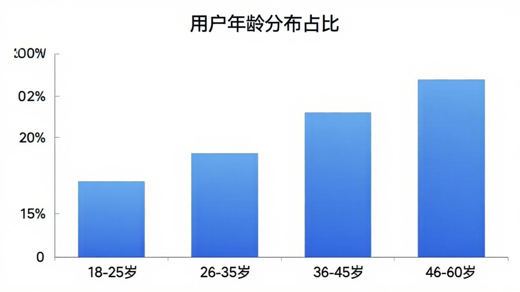 柱状图展示“e律师律师端”用户年龄分布,横轴标注年龄段“18-25岁”“26-35岁”“36-45岁”“46-60岁”,纵轴标注人数占比,柱形颜色为蓝色渐变,图表标题为“用户年龄分布占比”,背景白色,风格简洁商务,画质干净,无多余元素