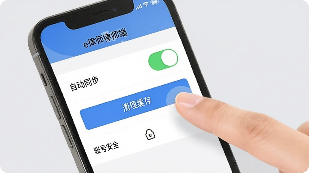 手机屏幕显示“e律师律师端”的设置页面,页面中包含“自动同步”开关、“清理缓存”按钮和“账号安全”选项,旁边有一个手指正在点击屏幕的示意,背景为浅灰色,风格简洁明了,画质干净,无多余元素
