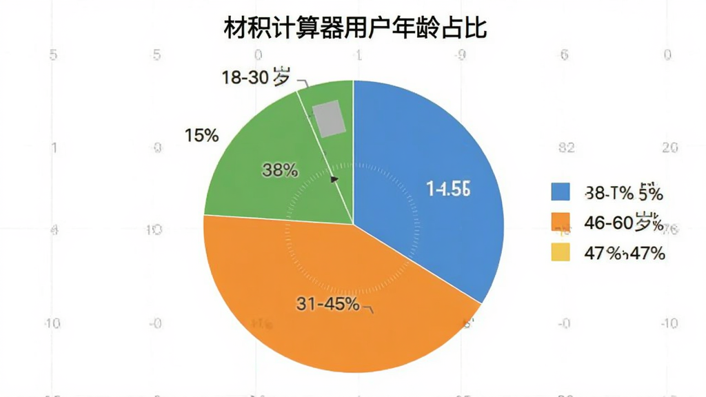 材积计算器用户年龄分布饼状图,图表标题为“材积计算器用户年龄占比”,显示18-30岁占比15%,31-45岁占比38%,46-60岁占比47%,配色清晰,风格简洁,画质干净,无多余元素