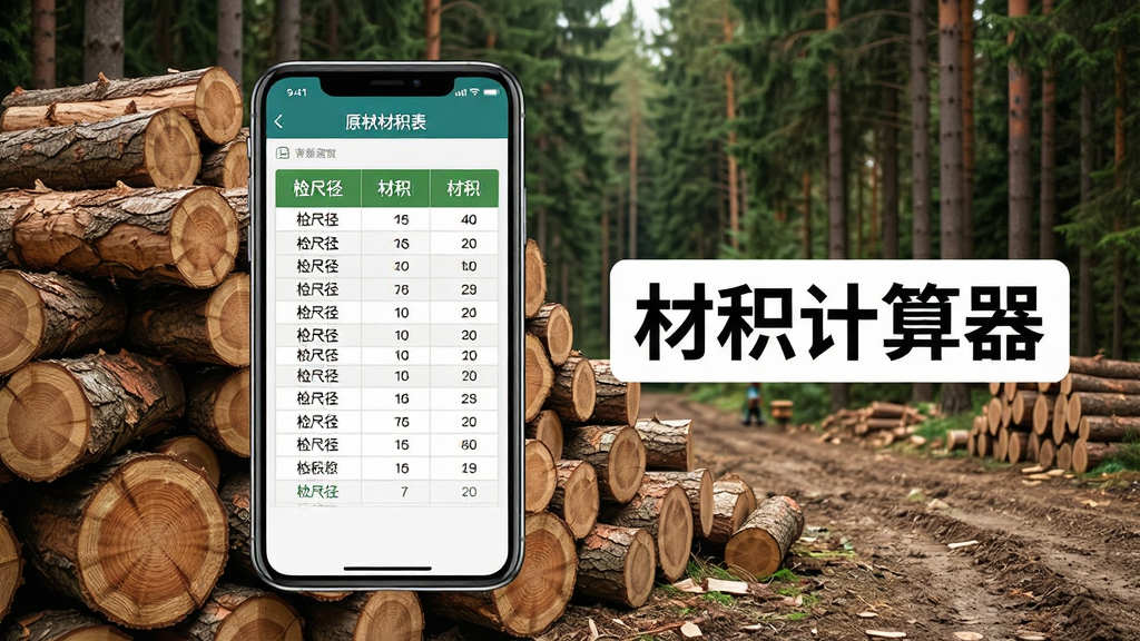 材积计算器功能展示图,画面中一部手机放在木材堆旁边,手机屏幕显示原木材积表查询界面,表格中清晰列出检尺径和材积数值,旁边有“材积计算器”文字标签,背景是林区木材场景,风格写实,细节丰富,画质清晰,无多余元素