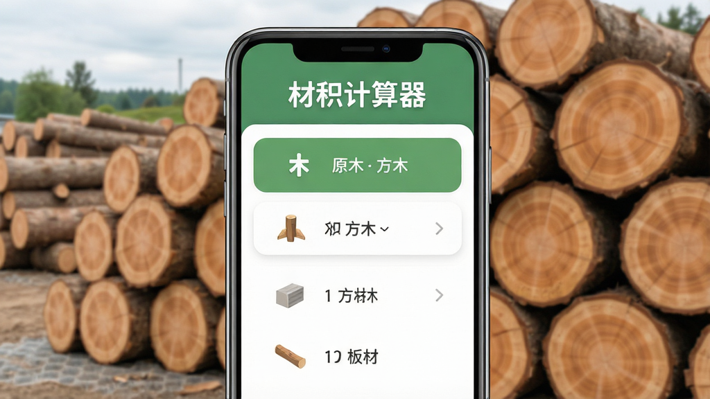 材积计算器软件主界面展示,画面中央是手机屏幕,屏幕内显示木材材积计算界面,包含原木、方木、板材等计算选项,顶部有软件名称“材积计算器”字样,背景是原木堆放的场景,布局简洁清晰,风格现代扁平化,细节圆润,画质干净,无多余元素
