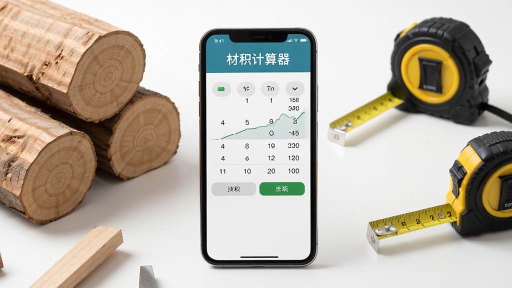 材积计算器离线使用场景图,画面展示手机在无网络环境下打开材积计算器,屏幕显示计算界面,顶部有“材积计算器”名称,手机周围是木材和卷尺等工具,背景简洁,风格写实,画质干净,无多余元素