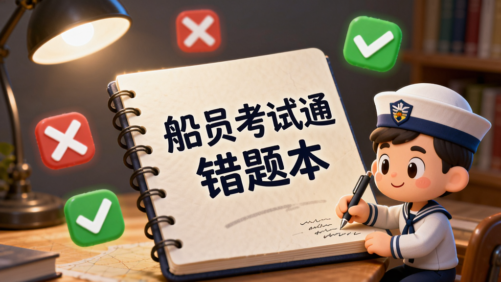 一张AI生成的图片,画面是一个发光的笔记本,上面写着“船员考试通 错题本”,笔记本周围漂浮着红色的叉号和绿色的对号图标,一个卡通船员正在用笔认真记录,背景是柔和的书房灯光,风格温馨励志,画质干净