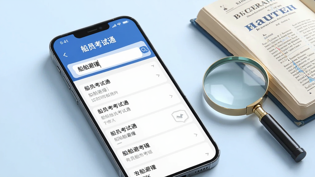 一张AI生成的图片,展示一部手机,屏幕上显示“船员考试通”的搜题界面,搜索框里输入了“船舶避碰”,下方弹出相关题目列表,手机旁边有一个放大镜和一本翻开的航海词典,背景是简洁的浅蓝色,风格清新,画质干净