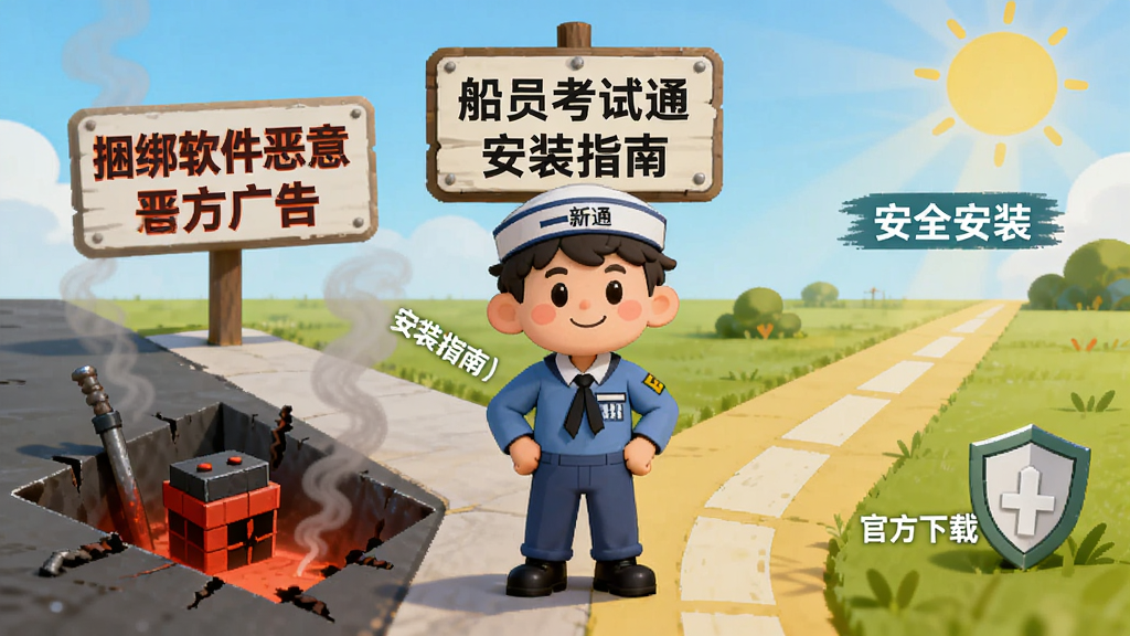 一张AI生成的图片,画面是一个卡通风格的船员新手,站在岔路口,一边是陷阱(标着“捆绑软件”、“恶意广告”),另一边是阳光大道(标着“官方下载”、“安全安装”),路口立着一个牌子写着“船员考试通 安装指南”,风格轻松幽默,画质干净