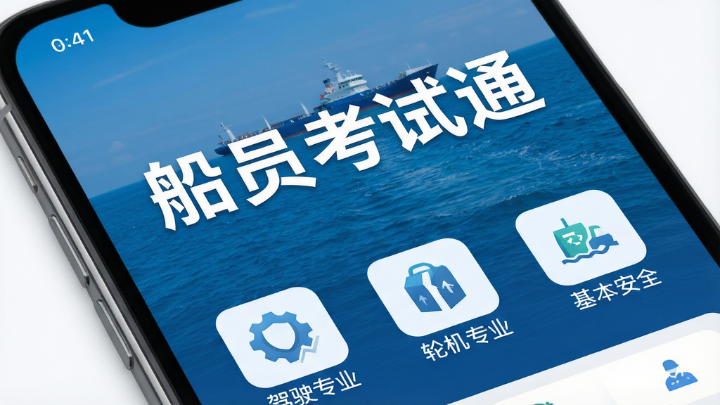 一张手机屏幕特写,展示“船员考试通”APP的主界面,蓝色海洋背景,中间是醒目的“船员考试通”白色大字,下方排列着“驾驶专业”、“轮机专业”、“基本安全”等题库入口图标,界面干净整洁,风格现代扁平,画质清晰,无多余元素