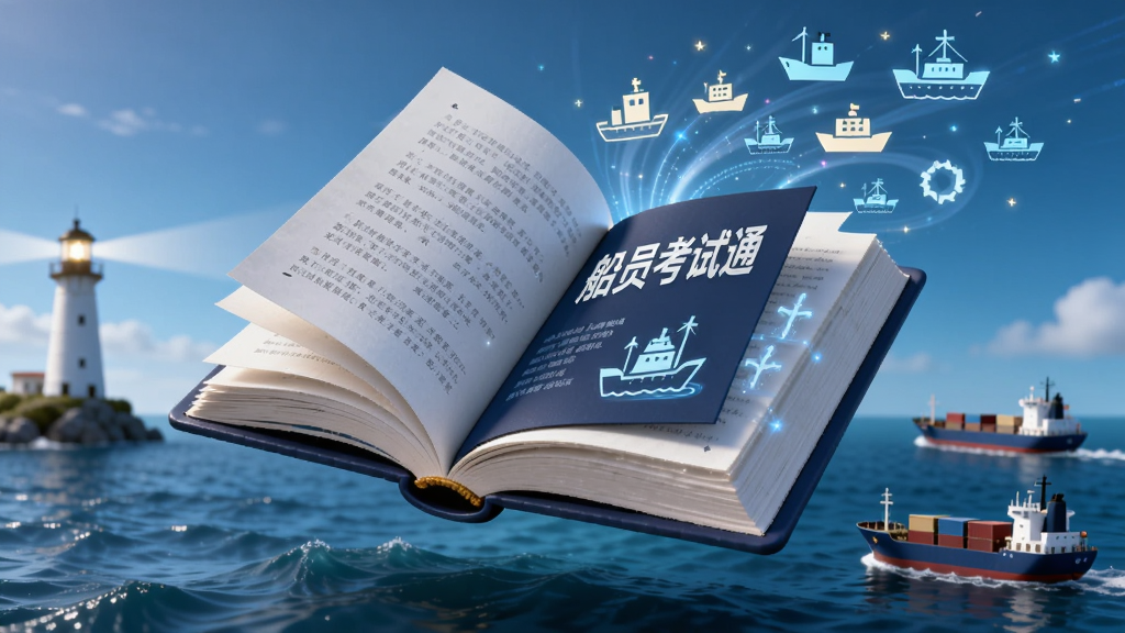 一张AI生成的图片,画面中一本巨大的虚拟书籍悬浮在深蓝色海洋上空,书页翻开,里面飞出许多发光的文字和船舶图标,书籍封面上写着“船员考试通”,背景有灯塔和航行的货轮,风格科技感与航海元素结合,画质干净,无多余元素