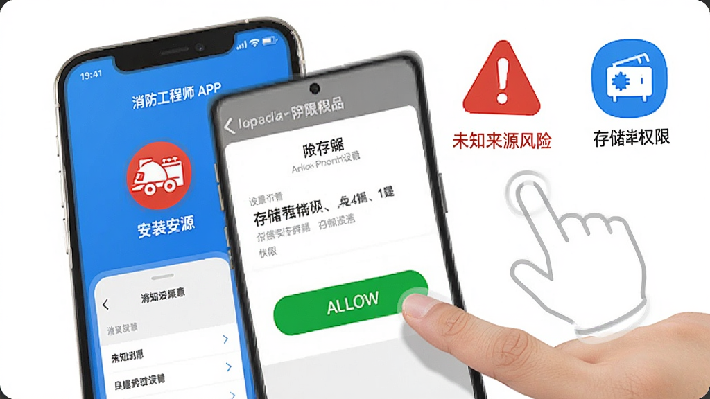 �ֻ���Ļ��ʾ��������ʦAPP��װ�����Ȩ������ҳ�棬�Ա�����ָ���������ť��ʾ�⣬�����ɾ�����ɫ��ʾͼ���עδ֪��Դ���գ���ɫͼ���ע�洢Ȩ�ޣ�������������