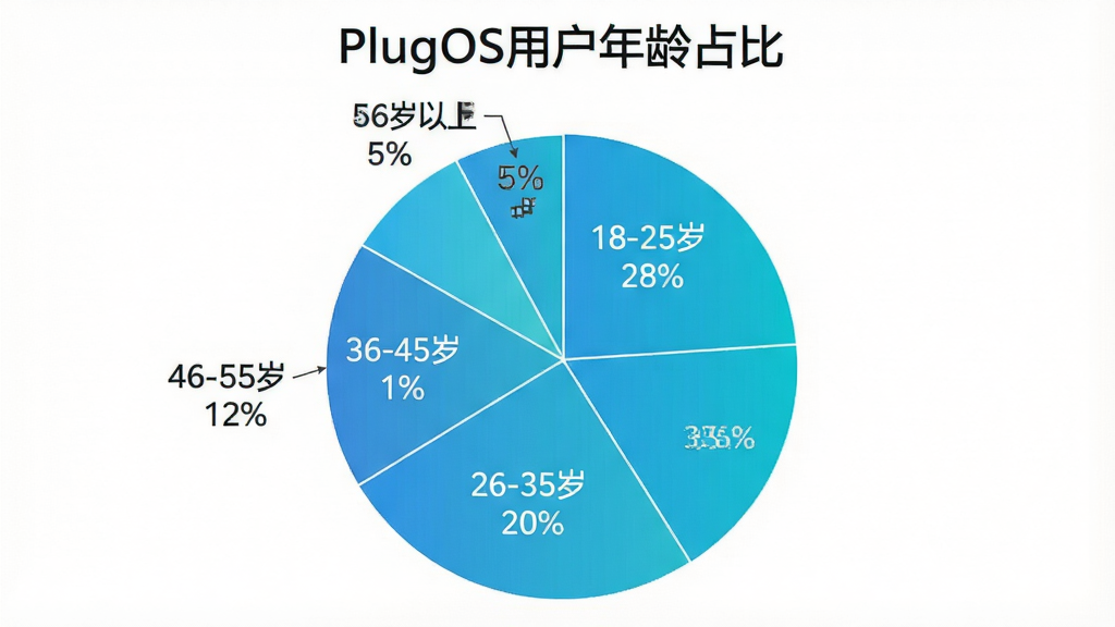 һ��չʾPlugOS�û�����ֲ��ı�״ͼ��ͼ������Ϊ��PlugOS�û�����ռ�ȡ���ͼ����Ϊ����������򣬷ֱ��ע��18-25�� 28%����26-35�� 35%����36-45�� 20%����46-55�� 12%����56������ 5%��������Ϊ��ɫ��ͼ����ɫʹ�����ཥ��ɫ����������������������ɶ������ʸɾ����޶���װ��Ԫ��