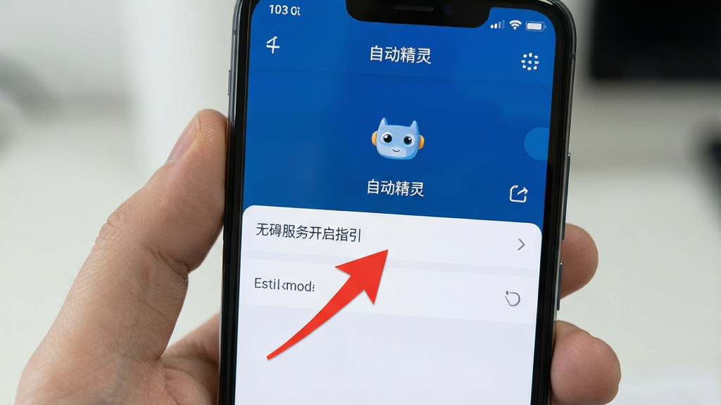 自动精灵 手机设置界面 无障碍服务开启指引 红色箭头标注 手机屏幕 清晰画质 干净排版