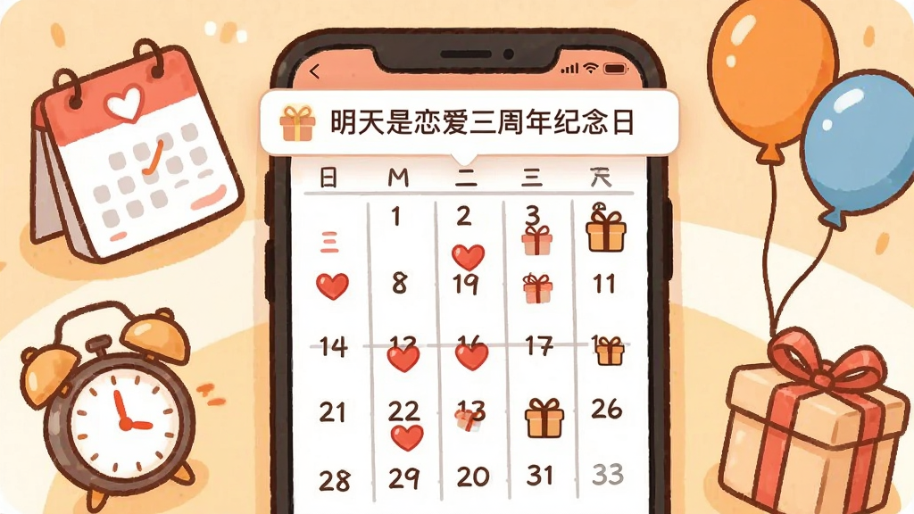 一张手机日历提醒界面的插画,画面中一部手机屏幕显示日历视图,某些日期上标记了红色爱心和礼盒图标,屏幕上方弹出提醒通知“明天是恋爱三周年纪念日”,手机旁边散落着日历、闹钟、礼物盒、气球等元素,整体色调温暖明亮,风格可爱活泼,画质干净清晰,无多余元素。