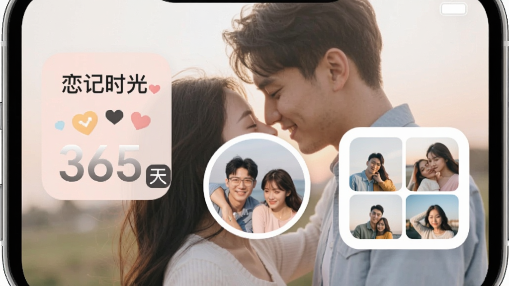 一张手机桌面小组件展示图,画面中一部手机的桌面背景是情侣合照,桌面上放置了三个不同样式的小组件,一个显示“恋记时光”恋爱天数“365天”,一个显示圆形情侣头像,一个显示方形照片墙,小组件设计简洁圆润,配色柔和,整体风格现代清新,画质干净无多余元素。