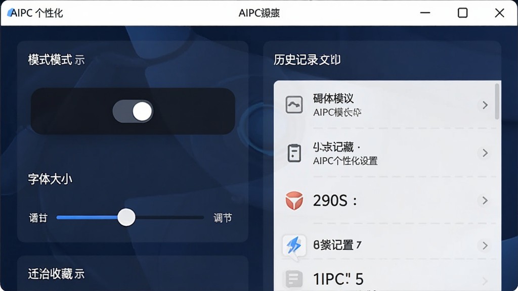 һ��չʾAIPC���Ի����ý����ͼƬ��������AIPC����������ʾ����ɫģʽ�л���ť�������С���ڻ����Լ���ʷ��¼�ղ��б������沼�����������ֱ�ǩΪ���ģ�����������ɫΪ����������ִ������ʸɾ��޶���Ԫ��