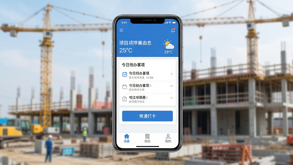 工巢APP主界面全貌展示,画面中央是一部智能手机,屏幕显示工巢应用的主页,顶部是项目名称和天气信息,中间是今日待办事项列表和快捷打卡按钮,底部是消息、项目、我的三个导航栏,背景是干净的建筑工地虚化场景,风格现代扁平,蓝白配色为主,文字清晰可见,画质干净无多余元素