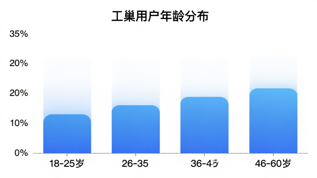 工巢APP用户年龄分布柱状图,横轴为年龄区间18-25岁、26-35岁、36-45岁、46-60岁,纵轴为用户占比百分比,柱状图颜色为蓝色渐变,图表标题为“工巢用户年龄分布”,背景白色,风格简洁数据可视化,文字清晰可读,画质干净无多余元素