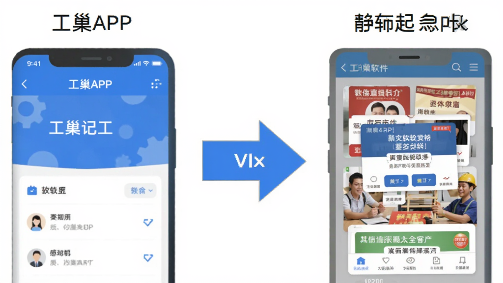 工巢APP与同类软件对比示意图,画面左侧是工巢简洁的记工界面,右侧是其他软件复杂的广告弹窗界面,中间用对比箭头连接,背景是干净的白色,风格扁平化信息图,蓝白配色为主,文字标签清晰,画质干净无多余元素