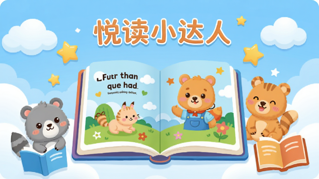 一张展示“悦读小达人”儿童阅读软件主界面的图片,画面中心是一个打开的彩色电子绘本,周围环绕着卡通动物、星星和书本元素,背景是柔和的蓝天白云,布局简洁明快,风格为扁平化卡通插画,细节圆润可爱,画质干净清晰,无多余元素