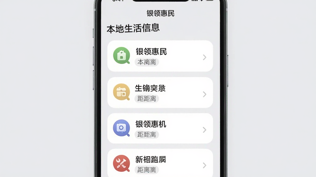 手机界面展示“银领惠民”本地生活信息列表,每条信息卡片包含图标、标题和距离标签,列表按由近到远排列,背景为浅灰色,卡片为白色圆角矩形,整体风格简洁明快,画质干净无多余元素