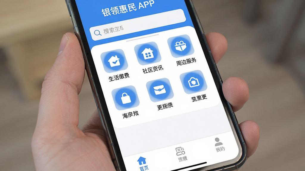 手机屏幕正面展示“银领惠民”App主界面,顶部搜索栏,中间功能图标网格布局,包含生活缴费、社区资讯、周边服务等入口,底部导航栏三个选项,整体蓝白配色,界面干净整洁,扁平化设计风格,画质清晰,无多余元素