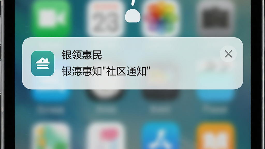 手机通知栏展示“银领惠民”推送的社区通知消息,消息卡片包含小图标和简短文字,背景为手机锁屏界面,整体风格简洁,画质清晰,无多余元素