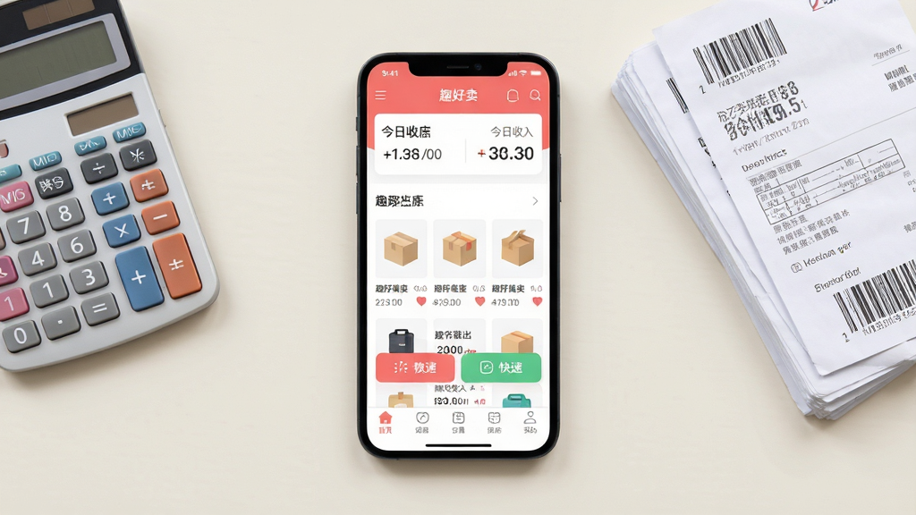 趣好卖应用主界面展示,画面中央是手机屏幕,屏幕内显示趣好卖APP的首页布局,顶部有店铺名称和今日收入统计,中间是商品列表和快捷操作按钮,底部导航栏清晰可见。背景是简洁的浅色桌面,旁边放着一个小计算器和一叠快递单。风格现代扁平化,色彩明亮柔和,细节干净,画质清晰,无多余元素。